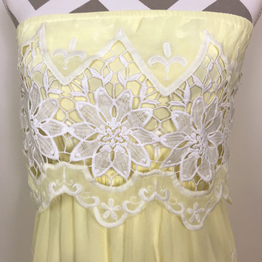 Hot & Delicious Strapless Mini Dress Yellow Chiffon Lace Derby Easter Wedding
